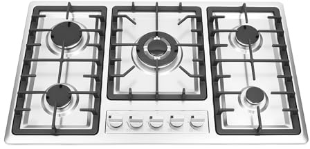 Deinungen 5 Burner Gas On stainless steel surface Hob with Cast Iron Pan Stands,Built-in/Countertop Cooktop Gas Hob,independent knob,Flame Out Protection(86cm- 2 Burner)