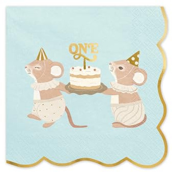 PartyDeco Servietten Papier 33x33cm 2-lagig 12 Stück - hochwertig & nachhaltig - Einweg Tischservietten als Geburtstagsservietten - Papierservietten für 1 Geburtstag - ONE mit Mäusen Blau Gold