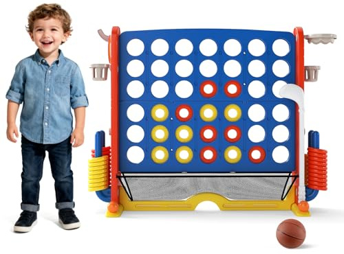 FANTASK 4-in-1 Riesenspiel Set, Vier Gewinnt XXL mit Ringwurf, Basketballkorb & Golfspiel, Garten Spiel mit Getränkehalter, Netzfach & Tragetasche, für Kinder und Erwachsene (Blau)