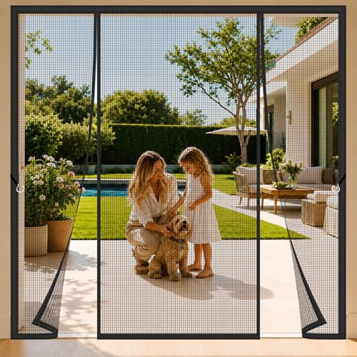Zanzariera Magnetica Apertura Centrale Doppia 205x265cm Chiusura Automatica Tenda Porta Doppia con Telaio Completo Nastro Magico Per porte doppie scorrevoli e a battente Nero