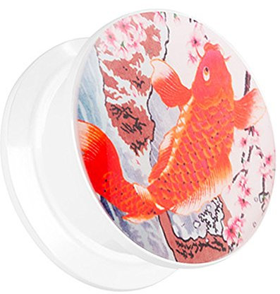 Piercingfaktor Ohr Plug Flesh Tunnel Piercing Ohrpiercing Kunststoff Schraub Schraubverschluß Picture mit Koi Karpen Orange golden Fisch Motiv 14mm