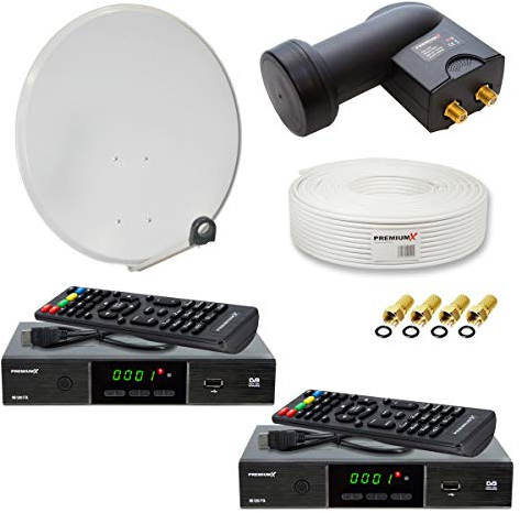 PremiumX Satelliten-Komplettanlage für 2 Teilnehmer 60cm Satellitenschüssel Twin LNB 25m Antennenkabel 2X TV Sat-Receiver FullHD