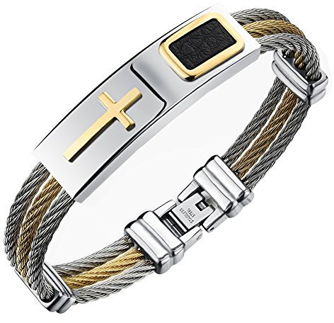 PAURO Mens Stainless Steel Gold and Silver Cable Wire Twisted Rope Cross Bangle Bracelet