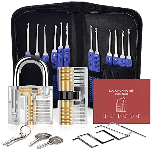 Lockpicking Set [Upgrade], Diyife 26 Stück Dietrich Set Komfort-Sicher Blau Silikon-Hand, mit 2 Transparentem Trainingsschlössern, für Anfänger und Profis Schlosser (Blau)