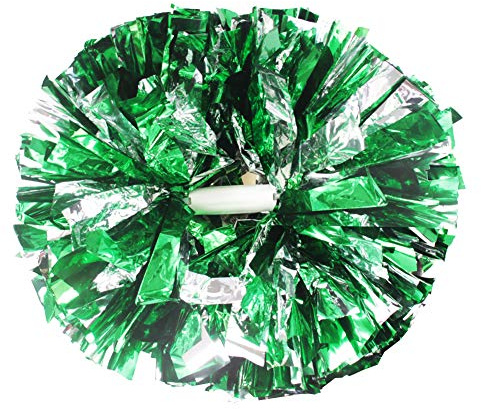 Hooshing Pompons, Cheerleading-Pompons mit Stabgriff, für Teamgeist, Sport, Tanzen, Jubeln, grün und Silber, 2 Stück