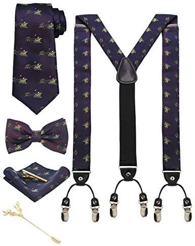 JEMYGINS Hosenträger Herren Farbverlauf blau/Schlitten in Seide Weihnachten begrenzt 3.5cm Y Form mit 6 starken Clips Weihnachtsgeschenke und Krawatte Fliege Einstecktuch Set Geschenkbox(7)