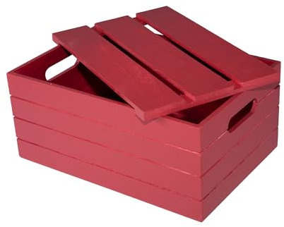 green leaves Wooden Crate with Detachable Lid Storage Box Gift Hamper Retail Display Shelve Box (Red, Medium)