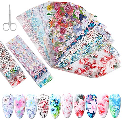 NICENEEDED 20pc Spring Flowers Nail Foil Transfer Stickers, Summer Flowers Design Nail Art Stickers, Wraps Decals with Scissors for Women & Girls DIY