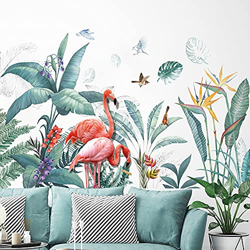 Runtoo Wandtattoo Palmenblätter Dschungel Vögel Wandsticker Flamingo Wandaufkleber Kinderzimmer Babyzimmer Wohnzimmer Schlafzimmer Wanddeko