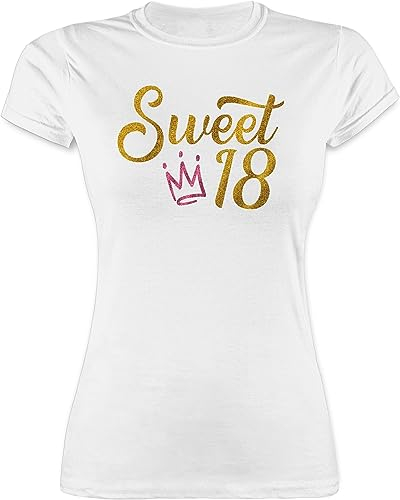 Shirt Damen - 18. Geburtstag - Sweet Eighteen Glitzer Optik mit Krone - M - Weiß - Geschenk für mädchen 18 t-shirt18 volljährig t-Shirt Outfit Shirts zum 18: 18ten Tshirt Jahre Einer