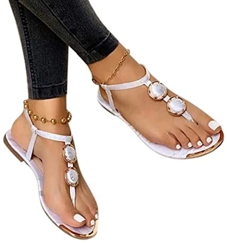 ORANDESIGNE Sandali da Donna Sandali Infradito con Separatore di Dita con Strass Sandali Piatti Antiscivolo da Donna con Cinturino per La Spiaggia Sandali Ragazze D Bianco 35 EU