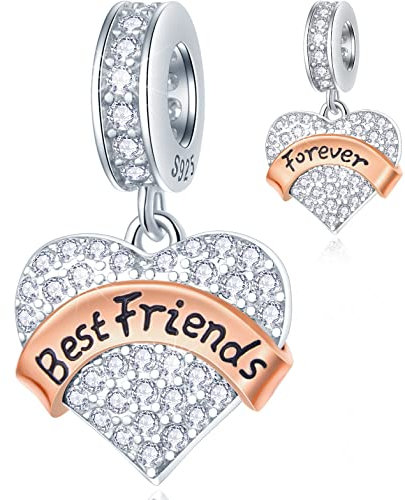 Best Friends Forever Heart Pendant Charms in 925 Sterling Silver, fits Pandora Friendship Bracelet, Sparkling CZ BFF Dangle Beads with Rose Gold Banner