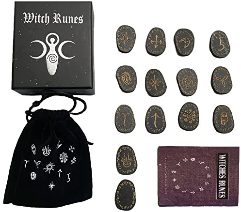 ANUFER 13 Pièces Alphabet en Bois Gravé Sorcière Runes Ensemble Magique avec Pochette Velours et Guide