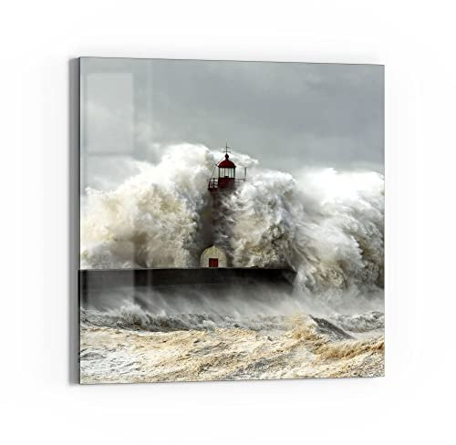 DEQORI Glasbild Echtglas | Motiv Leuchtturm bei Sturmflut | quadratisch einteilig 30x30 cm | schöne Dekoration | Wandbild für Wohnzimmer, Schlafzimmer, Flur & Küche | moderne Wanddeko