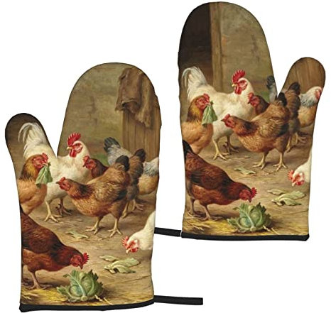 Heat Resistant Oven Gloves Sets Of 2 - Roast Chicken Hen Farm Printed Kitchen Non-Slip Microwave Oven Mitts 1 Pair For Baking Cooking Bbq