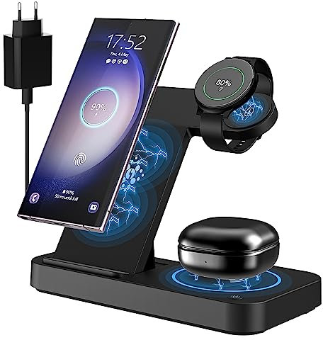cshare Induktive Ladestation für Samsung 3 in 1 Kabelloses Ladegerät Kompatibel für Galaxy Watch 5/5 Pro/4, für Samsung Galaxy S23/S23 Ultra/S23+/S22/S21/S20/Note20, Galaxy Buds Pro.
