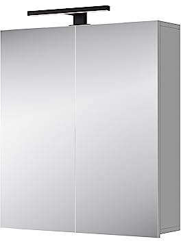 Planetmöbel Merkur Spiegelschrank Bad mit Beleuchtung 60 cm breit | Badschrank hängend mit Spiegel | Matt-Schwarz LED Beleuchtung | weiß-grau
