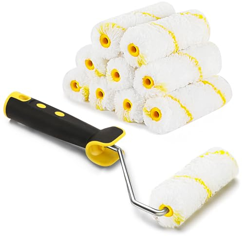 Rouleau de Peinture, 11 Pièce Kit Rouleau à Peinture, 10 Pcs Pinceaux de Peinture Rouleaux(11cm)+ 1 Poignée, Ensemble de Peintre, Rouleau et Recharge Pour le Mur et le Plafond Antigoutte.