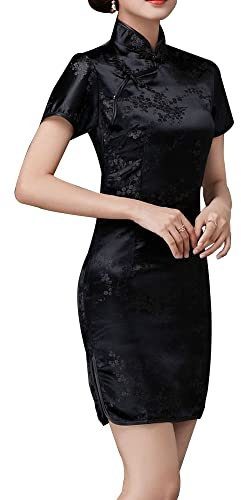 STIOEDYUAN Damen Cheongsam Kleid für Damen, Qipao, Schmale Passform, Kurzärmelig, Blumendruck-Kleid Kleid