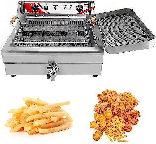 Freidora De Grasa Comercial Cesta Freidora Eléctrica Con Cesta Freidora De Aceite De Acero Inoxidable De 20 Litros, Ajuste De Temperatura, Temporizador De Freír E Indicador De Luz Con Tapa Y