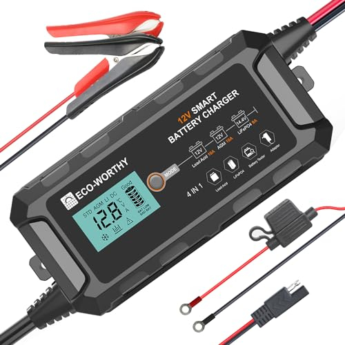 ECO-WORTHY Chargeur de Batterie de Voiture 10A 12V, Chargeur de Maintenance avec Activation de la Batterie au Lithium, Détection Intelligente,pour Voiture, Camion, Moto, Tondeuse, Bateau, Marine