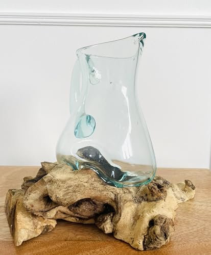 Molten Lava Glass Jug On Wooden Rustic Root Stand | Unique Pitcher Drinks Sculpture