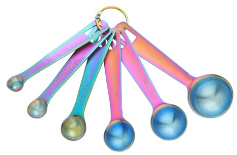 DOCBLACK Measuring Spoons, Heavy Duty 18/8 Stainless Steel Measuring Spoons Cups Set, Set of 6 for Gift Measuring Dry and Liquid Ingredients - Rainbow