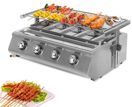 4 Burners BBQ Grill LPG Gas Outdoor - Stainless Steel Body Glass Shield - 25cm*54cm Cooking area