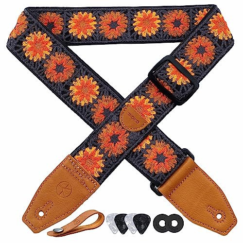 YIKOKO Gitarrengurt 5,1 cm Floral Baumwolle Gitarrengurte mit Vollnarbenlederende für Bass, elektrische und akustische Gitarren, Gratis Gurtknopf, Gurtschlösser und Gitarrenplektren