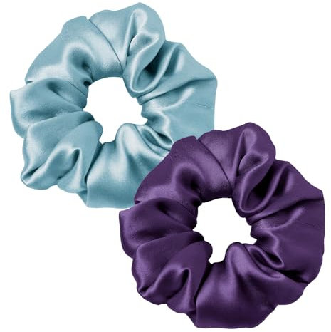 LILYSILK 100% Seide Haarringe Damen Pferdeschwanzhalter Haarband aus Seide, Seide Haargummis Verpackung MEHRWEG(Neblig Blau+Dunkel Lila)