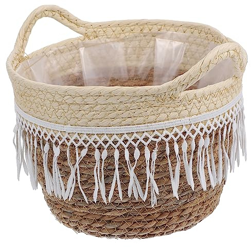 Geflochtener Pflanzenkorb mit Einlage und Quaste Weihnachten Mottoparty | Cotton Rope, PE Film und Cattail, Robuster Pflanzkorb für Fenster und Terrasse, Landhausstil Zufällige Farbe