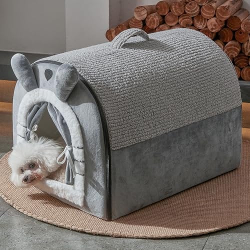 Jiupety Mignonne Niche pour Chien Interieur, Niches à Chien pour Chats et Chiots, Maison Chiens avec Rideau Design, Dog House Taille M, Grey