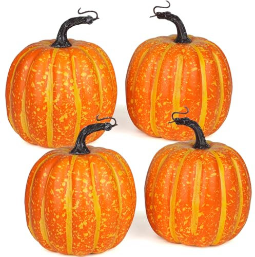 Miaikoe 4 PCS Large Autumn Artificial Pumpkins Harvest Lifelike Orange Drawing Line Pumpkins for Fall Autumn Halloween Thanksgiving Holiday Displaying (Orange Drawing Line)
