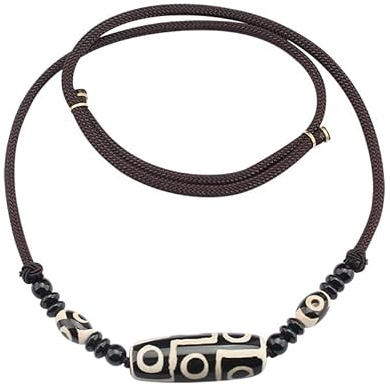 YAIUNHIQ Tibetano natürliche 9-Augen-Halskette mit Anhänger, Dzi-Rundhalskette mit verstellbarer Seilkette,Schwarz
