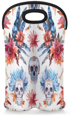 Mintoprints Sugar Skull Wine Carrier Tote Bag for 2 Bottles Tropics Flower Feather Neoprene Wine Bottle Holder Carriers Bag Case Wine Cooler Bag for Travel, Picnic, Party