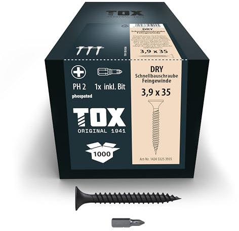TOX Schnellbauschrauben DRY FG 3,9 x 35 mm, magaziniert für schnelle Montage mit Magazinschrauber, Feingewinde, Gipskartonplatte auf Metall-Unterkonstruktion, 1000 Stück im Karton, 142453253935