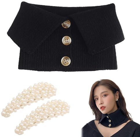 CZNBZIU Damen Winter Knöpfe Dekorativer Rollkragen Falscher Gefälschter Kragen Vintage Einfarbig Gestrickter Warmer Rundschal Winddicht Dehnbar-Schwarz