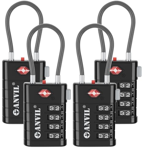 ANVIL TSA 4-stellige Gepäckschlösser mit Suchwarnung: verbesserter TSA008-Kern für maximale Sicherheit, ideales TSA für Gepäck, Koffer, Fitnessstudio und allgemeine Schließfächer (4, Schwarz)