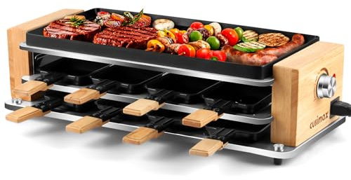 CUSIMAX Raclette Grill 8 Personen mit Holzgestell, Dreischicht-Raclette mit Antihaft-Grillplatte und Mini-Pfännchen