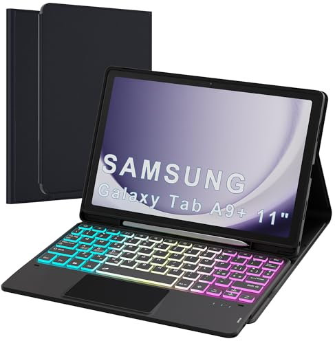 Funda con teclado para Samsung Galaxy Tab A9+ Plus 11 2023: teclado retroiluminado de 3 zonas y 7 colores con trackpad inteligente - A9 Plus teclado inalámbrico extraíble con diseño italiano QWERTY