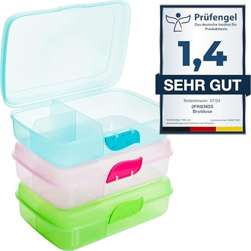 Brotdose Kinder mit Fächern, 3er Set Brotdosen, Lunchbox ohne BPA für Kinder, Frühstücksbox Brotzeitbox mit 3 Trennfächern und Clickverschluss, 100% recycelbar, Farben: Grün, Blau, Rosa, Modell: Anne