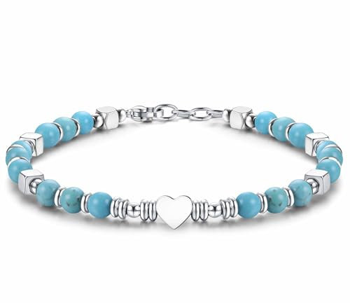 CASSIECA Boho Armband Damen Natürliches Steine Armbänder für Frauen 316L Edelstahl Herz Armband Einstellbare Türkis Armband Weihnachten Geburtstag Geschenke Frauen Schmuck mit Geschenk-Box