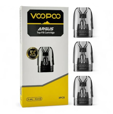 VOOPOO Argus Top Fill Cartridge, 3 ml, 1,0 Ohm/0,7 Ohm/0,4 Ohm Replacement Pods, Pack of 3 Pieces - For VooPoo Argus E-Cigarette, E Shisha (0,4 ohm)