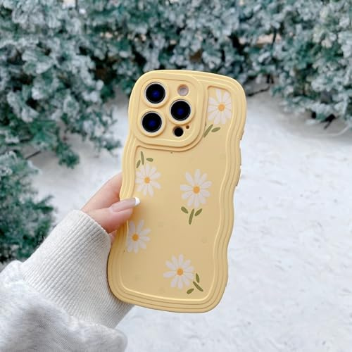 UEEBAI Flower Case for iPhone 15 Pro Max, Spring Silicone Cute Case for Women, Wave Frame Artistical Daisy Pattern Phone Cover for Girls Protective Shockproof Cover - Yellow