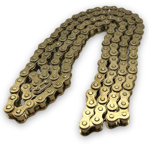 Red Circles 140 Link 428 Pitch KMC Gold Pit Bike Chain – 428 Chain, 140 Link Pins, Split/King Link Included – Width 7.94mm, Roller Diameter 8.51mm for Enhanced Performance