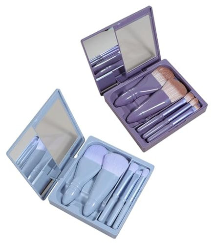 Ensemble De 2 Pinceaux De Maquillage, Mini Ensemble De Pinceaux De Maquillage, Ensemble De Pinceaux De Maquillage Avec Miroir Intégré (Violet + Bleu)