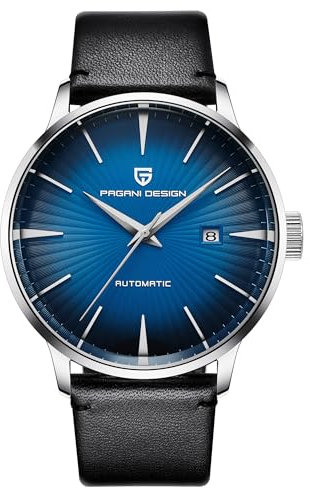 Pagani Design PD2770 Fashion Herren Automatik Mechanische Uhr Edelstahl Wasserdicht Lederband Einfache Business Sport Armbanduhren, Blaues Leder, Armband