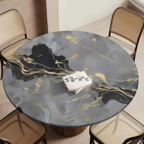 PEIHUODAN Nappe Ronde à Haute élasticité 3D Marbre Doré Gris Design Luxe Imperméable Résistante aux Taches pour Cuisine Salon Bureau Jardin Fêtes Facile à Nettoyer (180 cm, Color 4)