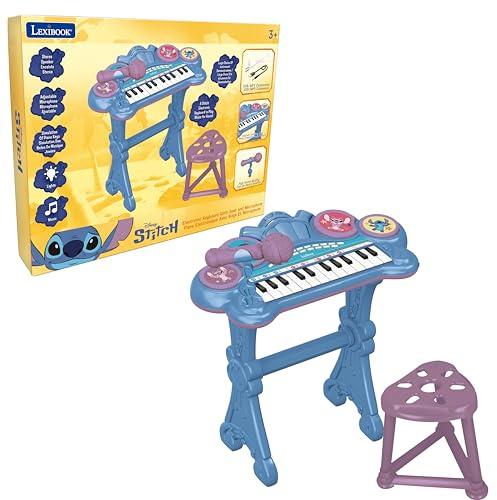 Lexibook, Tastiera pianoforte elettronica Disney Stitch, 8 tonalità, 4 ritmi, modalità di apprendimento luminosa, microfono e sgabello inclusi, K707D