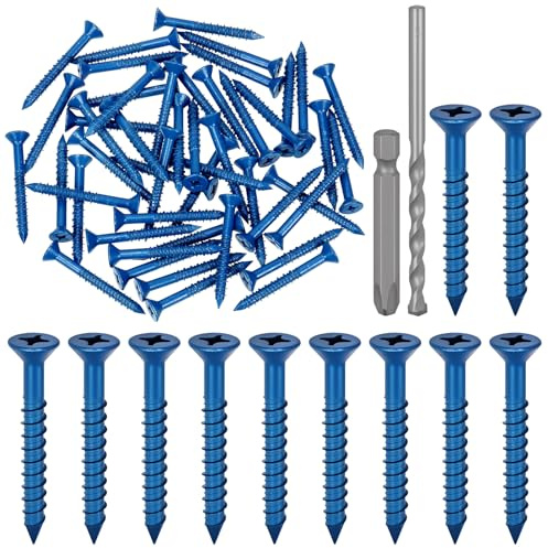Glarks 52pcs 1/4 x 2-1/4 '' Kreuz Flachkopf Beton Schraube Anker Kit, blaue Schwerlast Zement Schrauben mit Bohrboch und PH2 Bit für die Verankerung an Mauerwerk, Block, Ziegel, Zement